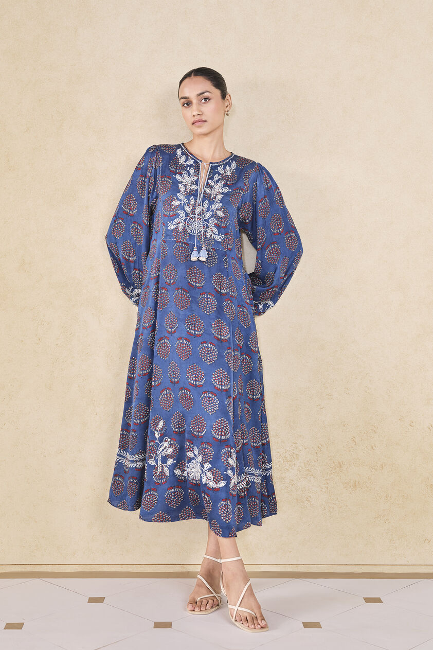 Aze Handcrafted Ajrakh A-Line Dress - Blue, Blue, image 1